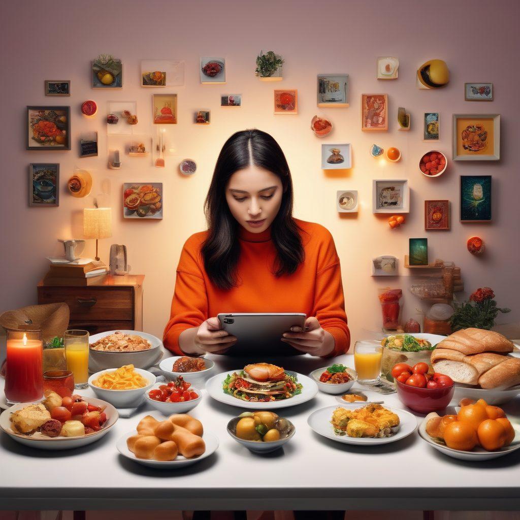 A vibrant collage illustrating diverse lifestyle topics, featuring a stylish person browsing a digital device surrounded by exquisite food dishes, fashionable clothing items, and tech gadgets. Use dynamic colors to emphasize the blend of food and fashion, with soft lighting to evoke a cozy ambiance. Include elements of social media icons to represent the digital world. super-realistic. vibrant colors. 3D.