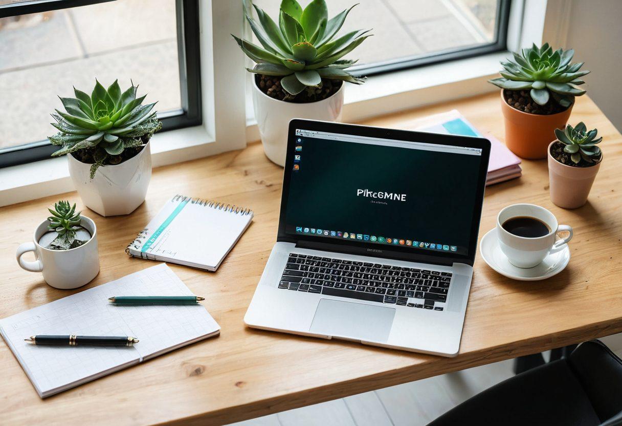 A stylish flat lay featuring a laptop displaying a vibrant blog interface, surrounded by trendy lifestyle items like a succulent plant, a notepad with colorful pens, and a coffee cup, all on a wooden table. Soft natural light streaming in from a nearby window, evoking a productive and inspiring atmosphere. super-realistic. vibrant colors. white background.